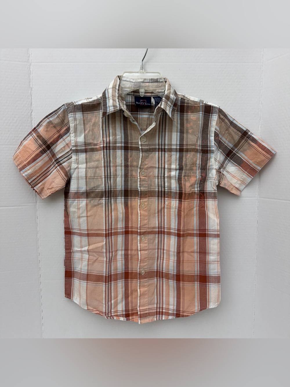 Bugle Boy Boy Size 10/12 Brown Plaid Ombre Distressed Look Button Down Shirt